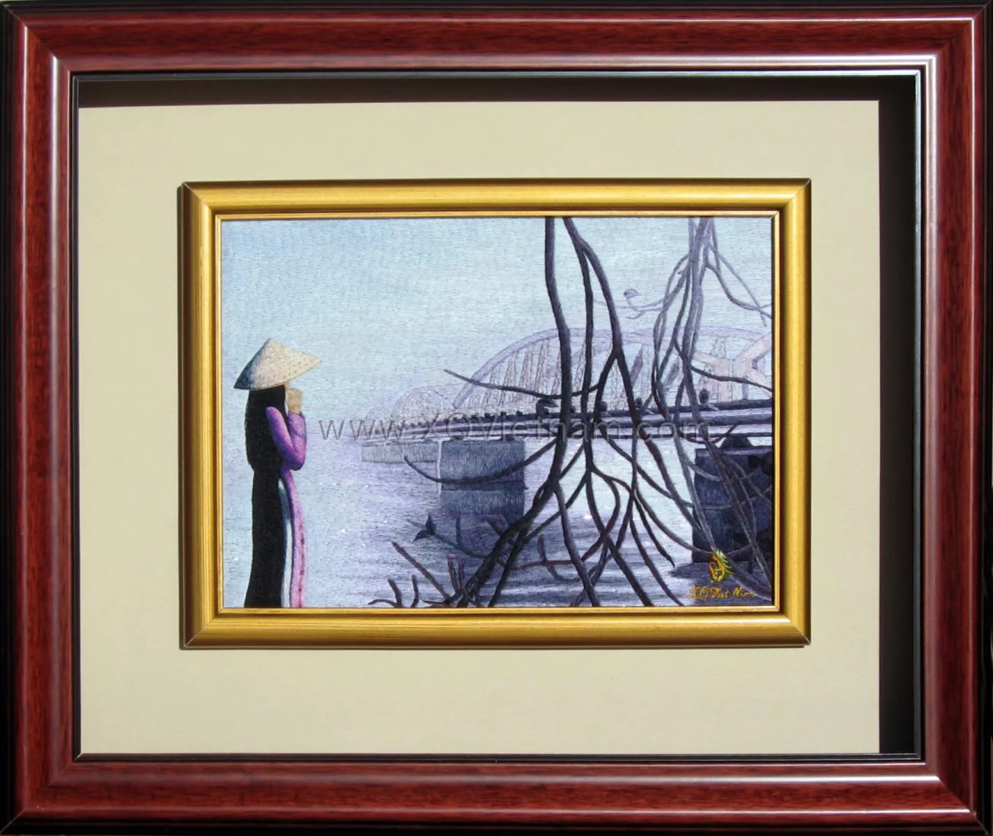 Riverside Elegance | Hand-Embroidered Silk Art | 35x45 cm