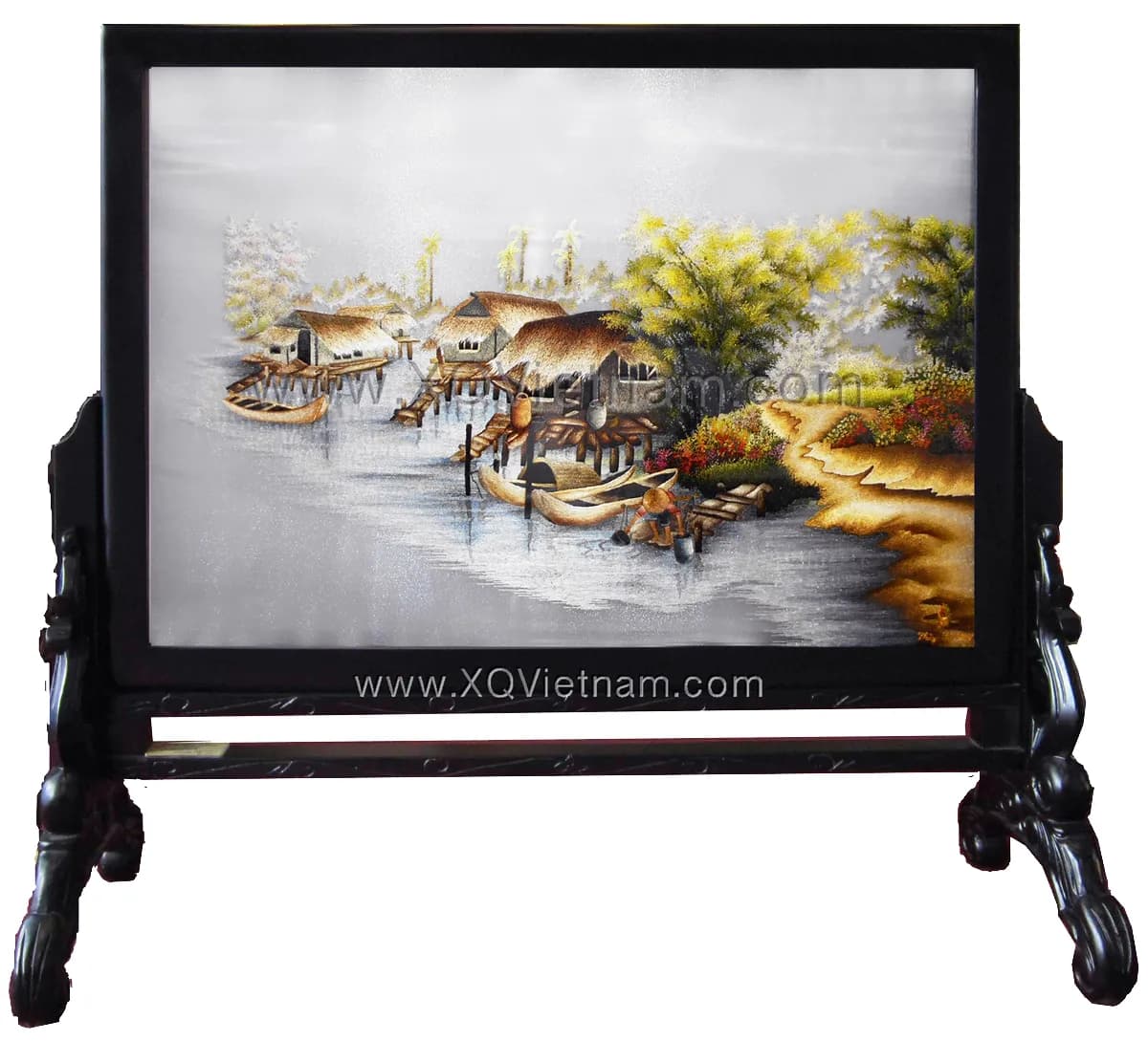 Riverside Village Scene | Hand-Embroidered Silk Art | 35x60 cm