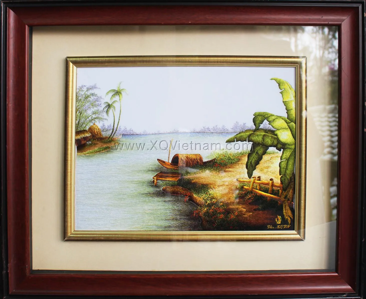 My Homeland Riverside Scene | Hand-Embroidered Silk Art | 45x55 cm
