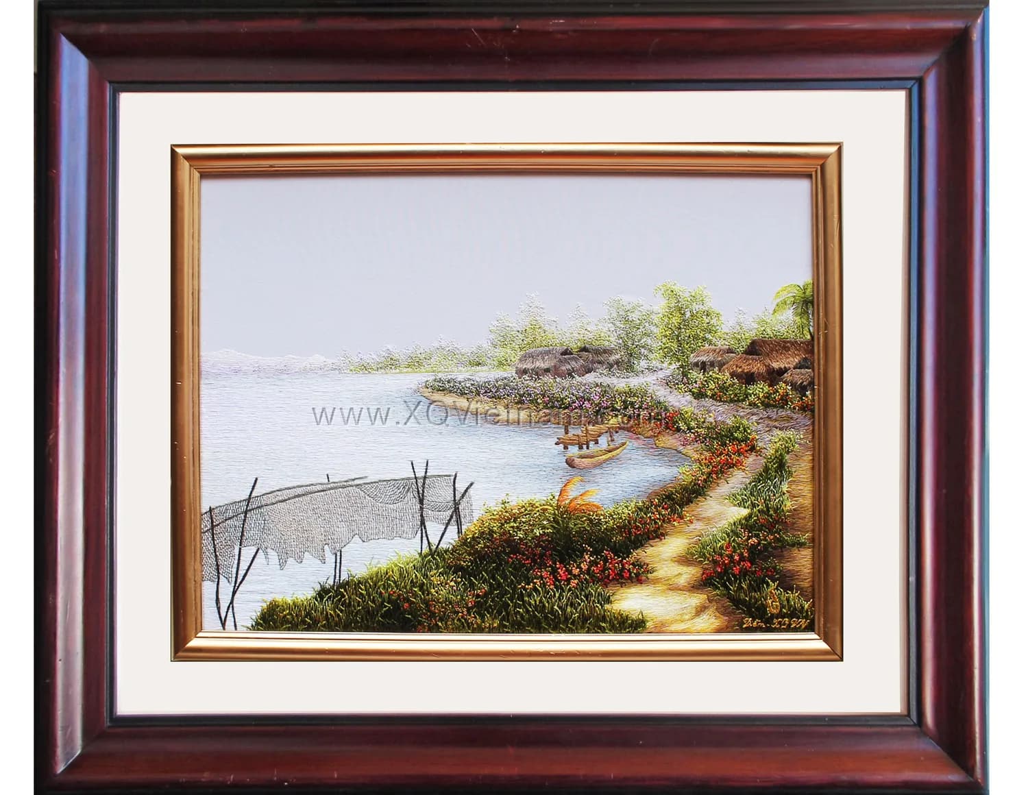 Riverside Village Reverie | Hand-Embroidered Silk Art | 45x55 cm