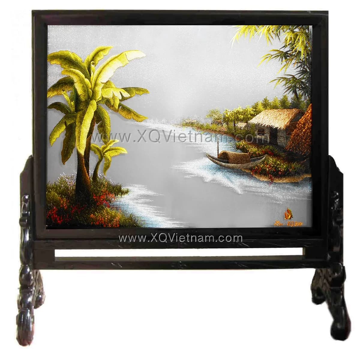 Tranquil Riverside Homeland | Hand-Embroidered Silk Art | 45x55 cm