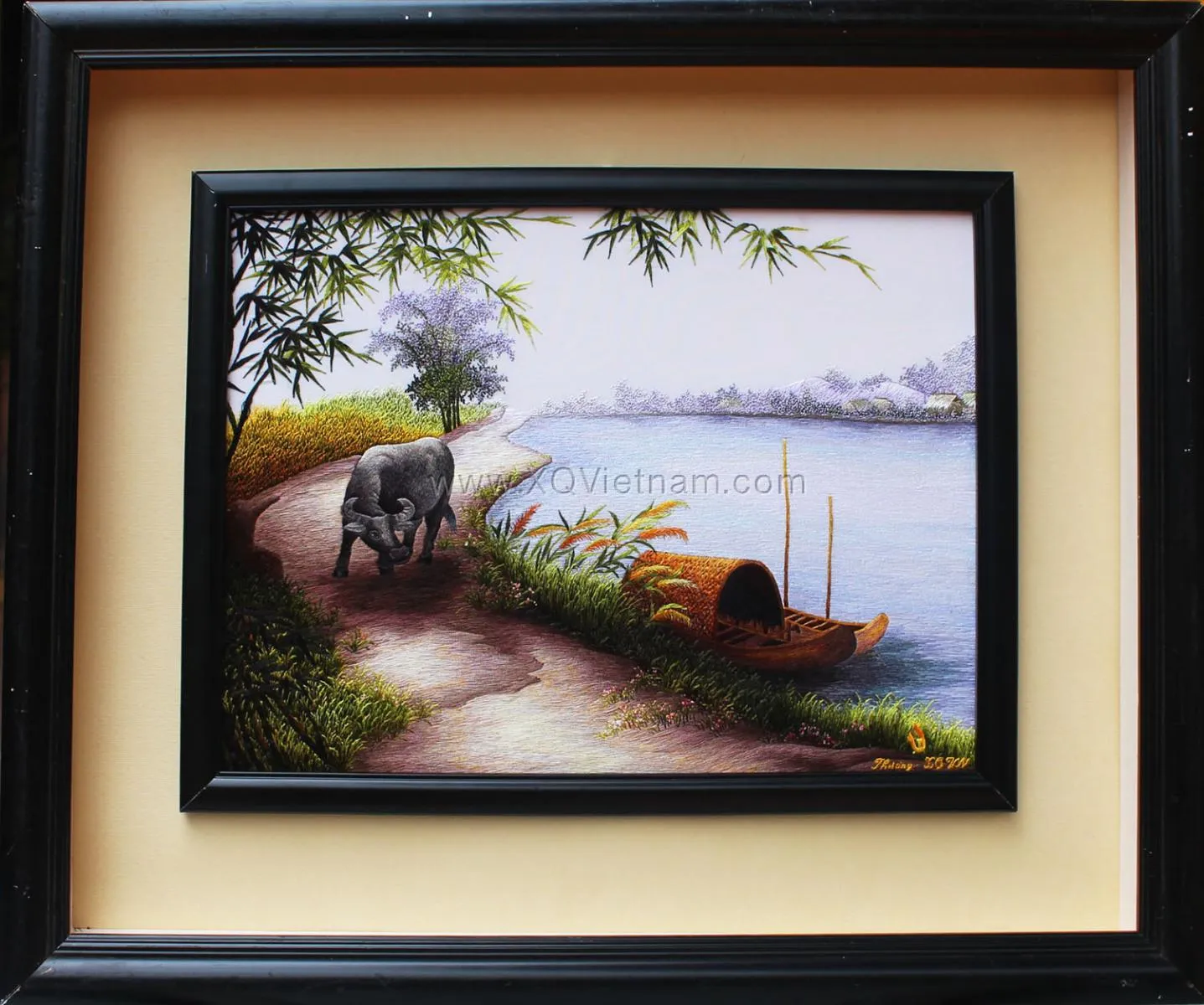 Riverside Serenity | Hand-Embroidered Silk Art | 45x55 cm