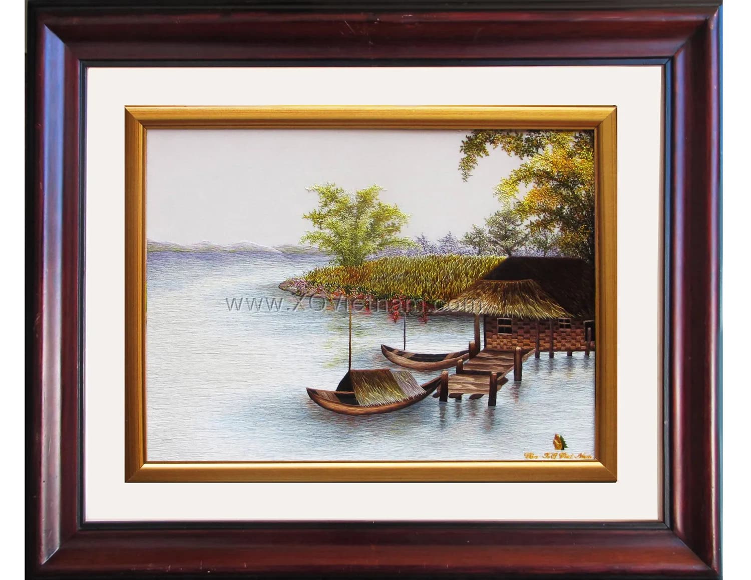 Riverside Homestead Scene | Hand-Embroidered Silk Art | 45x55 cm