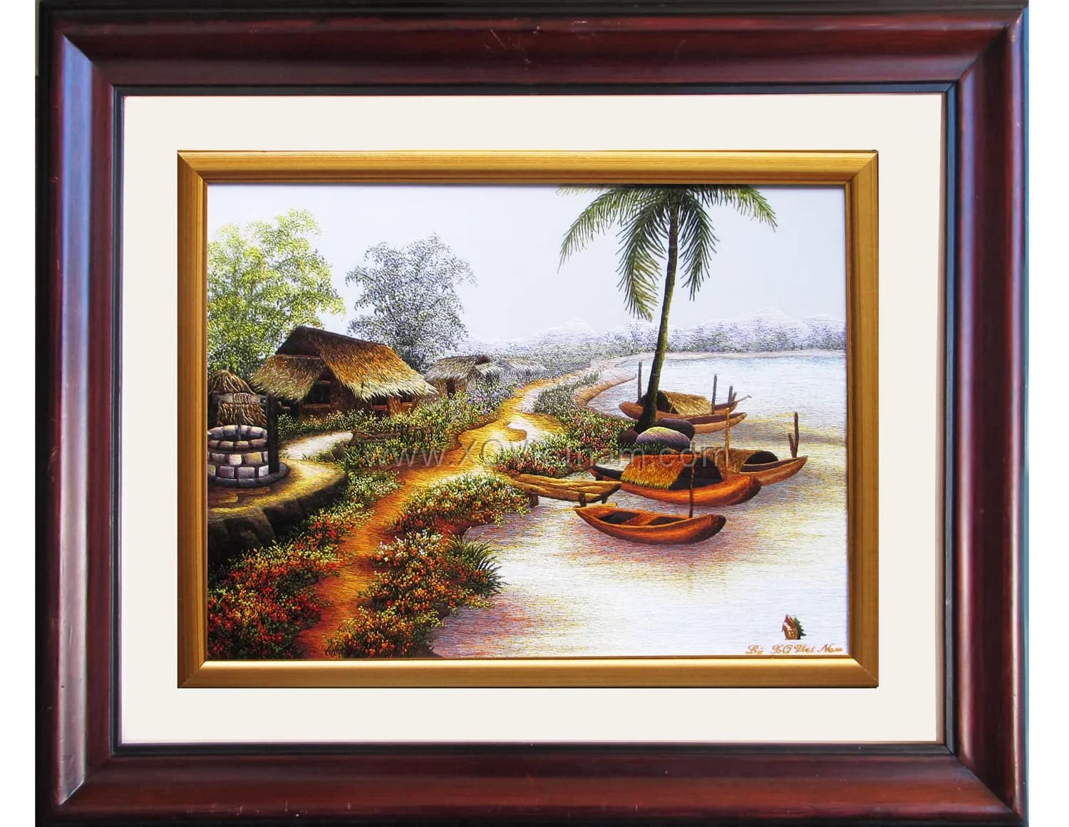 My Homeland Village Scene | Hand-Embroidered Silk Art | 45x55 cm