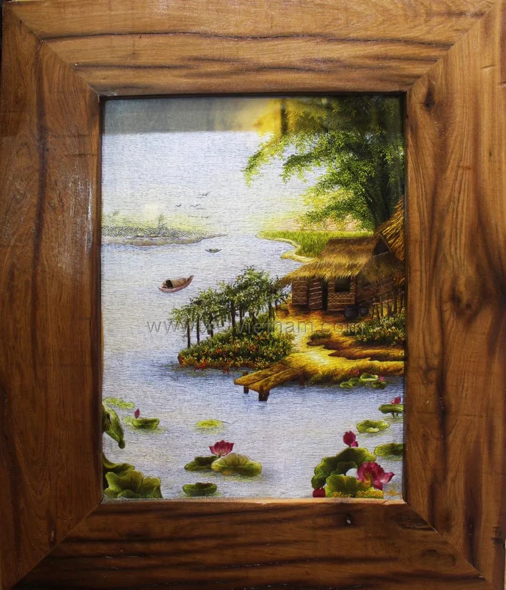 Riverside Serenity Under Sky | Hand-Embroidered Silk Art | 45x55 cm