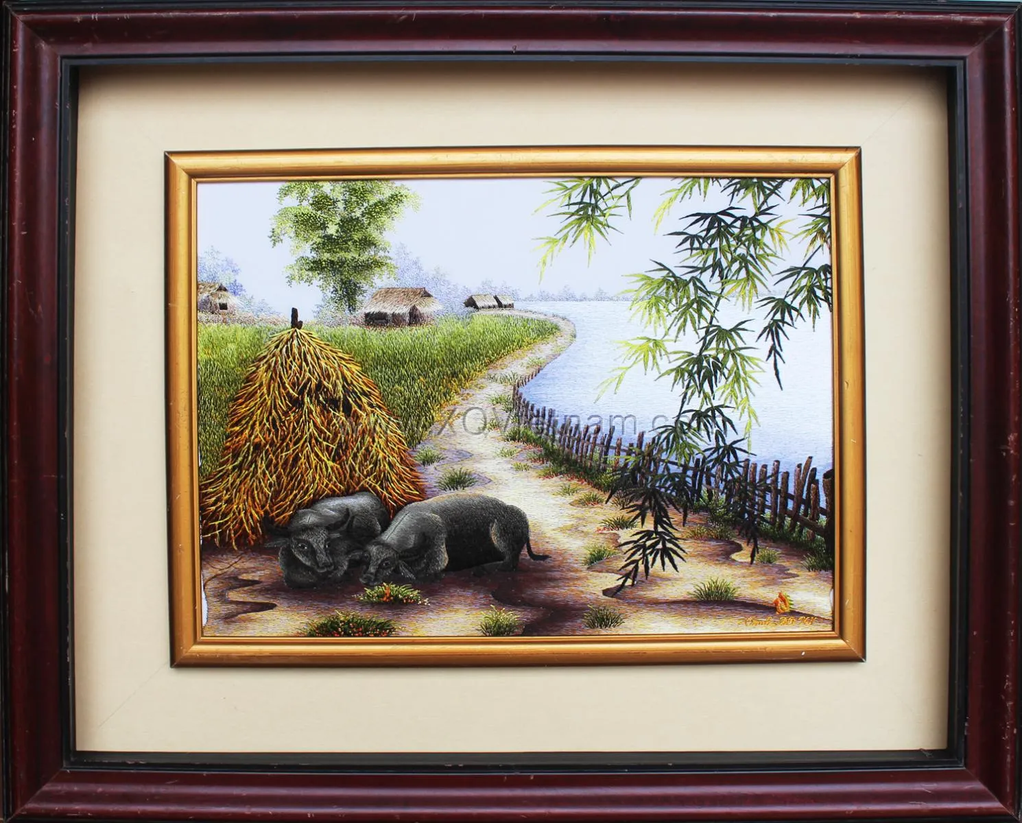 Riverside Buffalo Homestead | Hand-Embroidered Silk Art | 45x55 cm