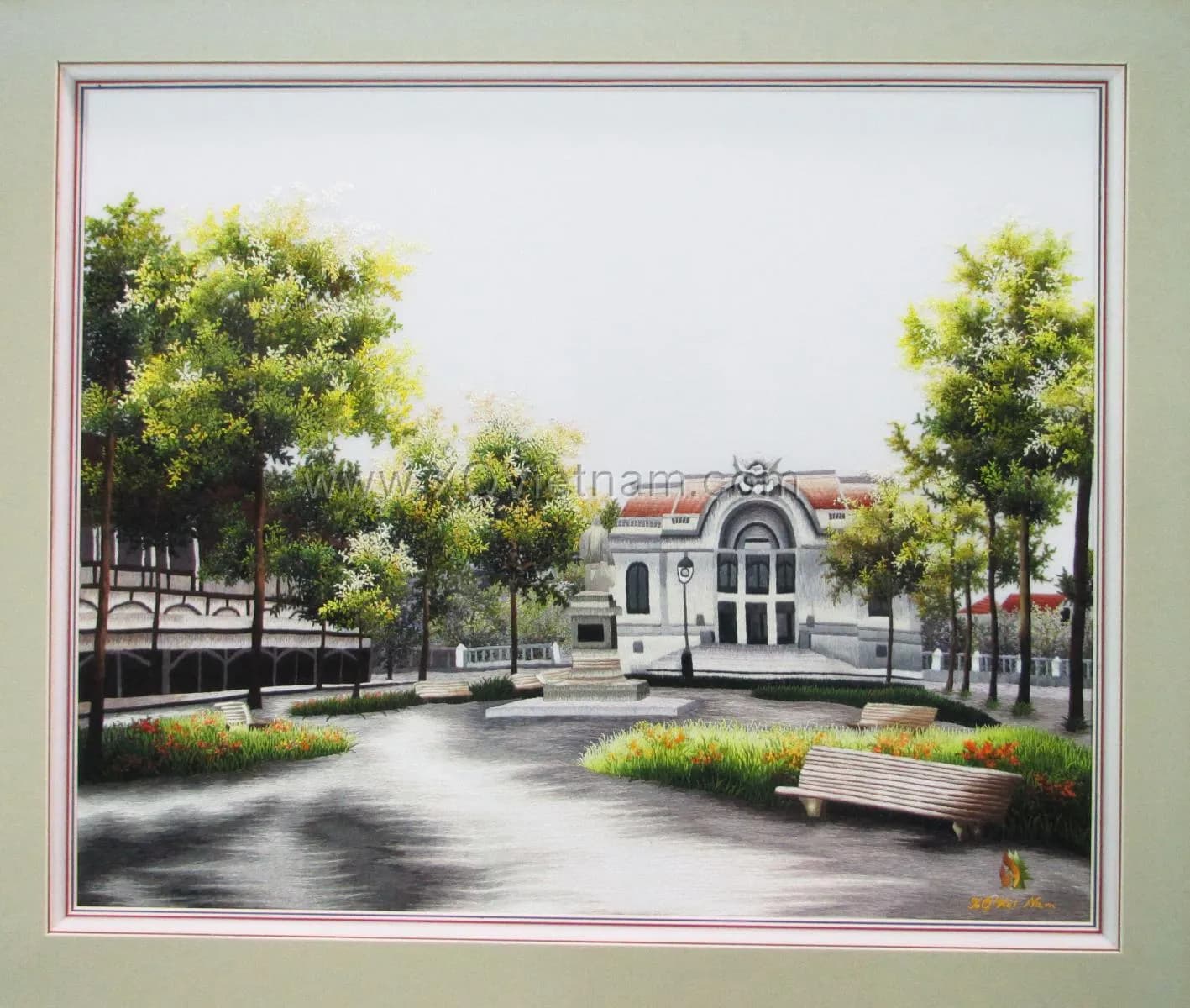 Saigon Old Town Park Scene | Hand-Embroidered Silk Art | 55x65 cm