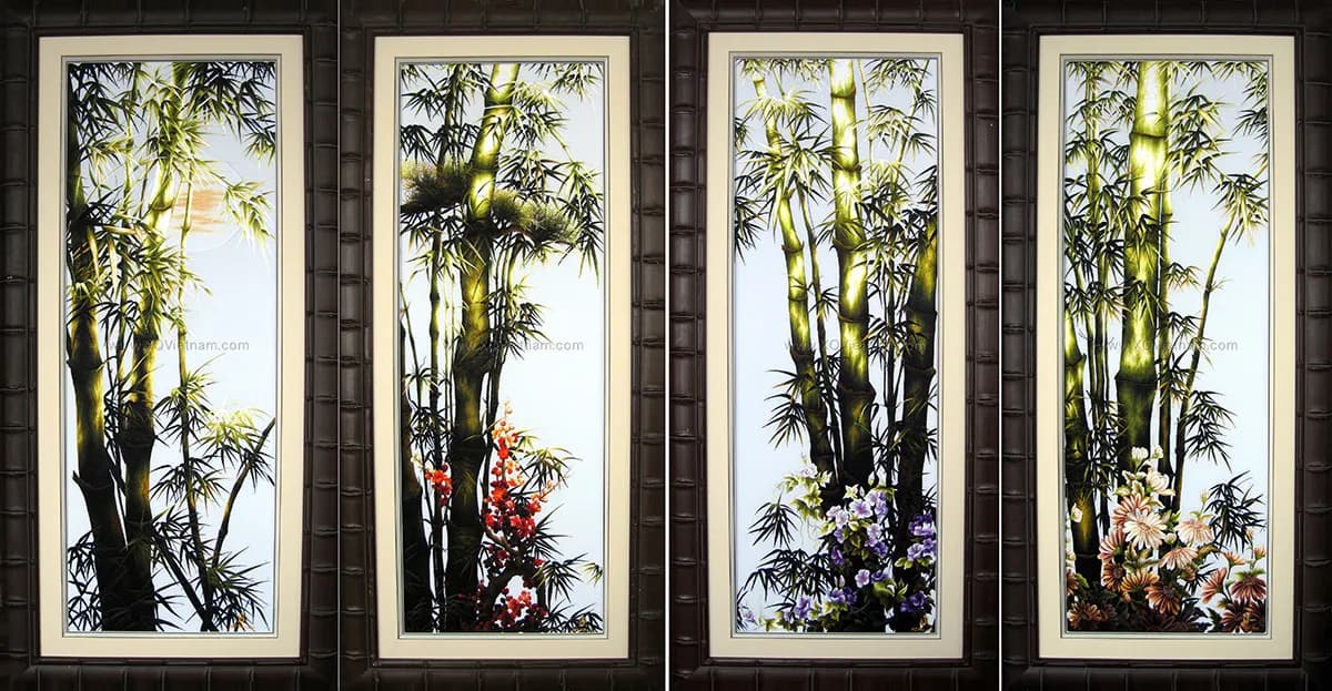 Green Bamboo Quartet | Hand-Embroidered Silk Art | 200x125 cm