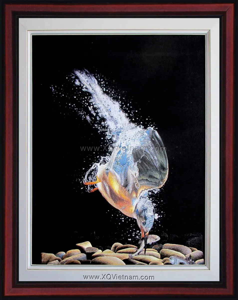 Kingfisher | Hand-Embroidered Silk Art | 50x70 cm