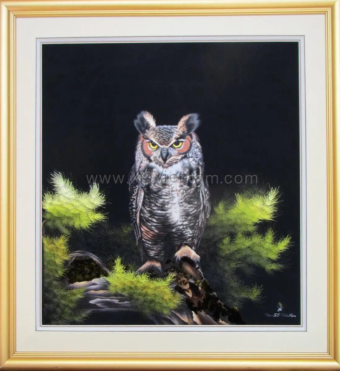 Owl and Pine Tree | Hand-Embroidered Silk Art | 60x65 cm