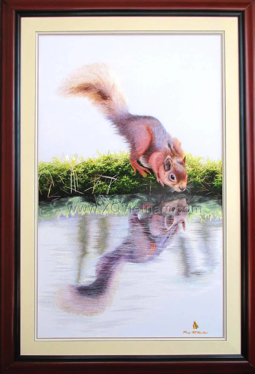 Shadow of Squirrel | Hand-Embroidered Silk Art | 65x100 cm
