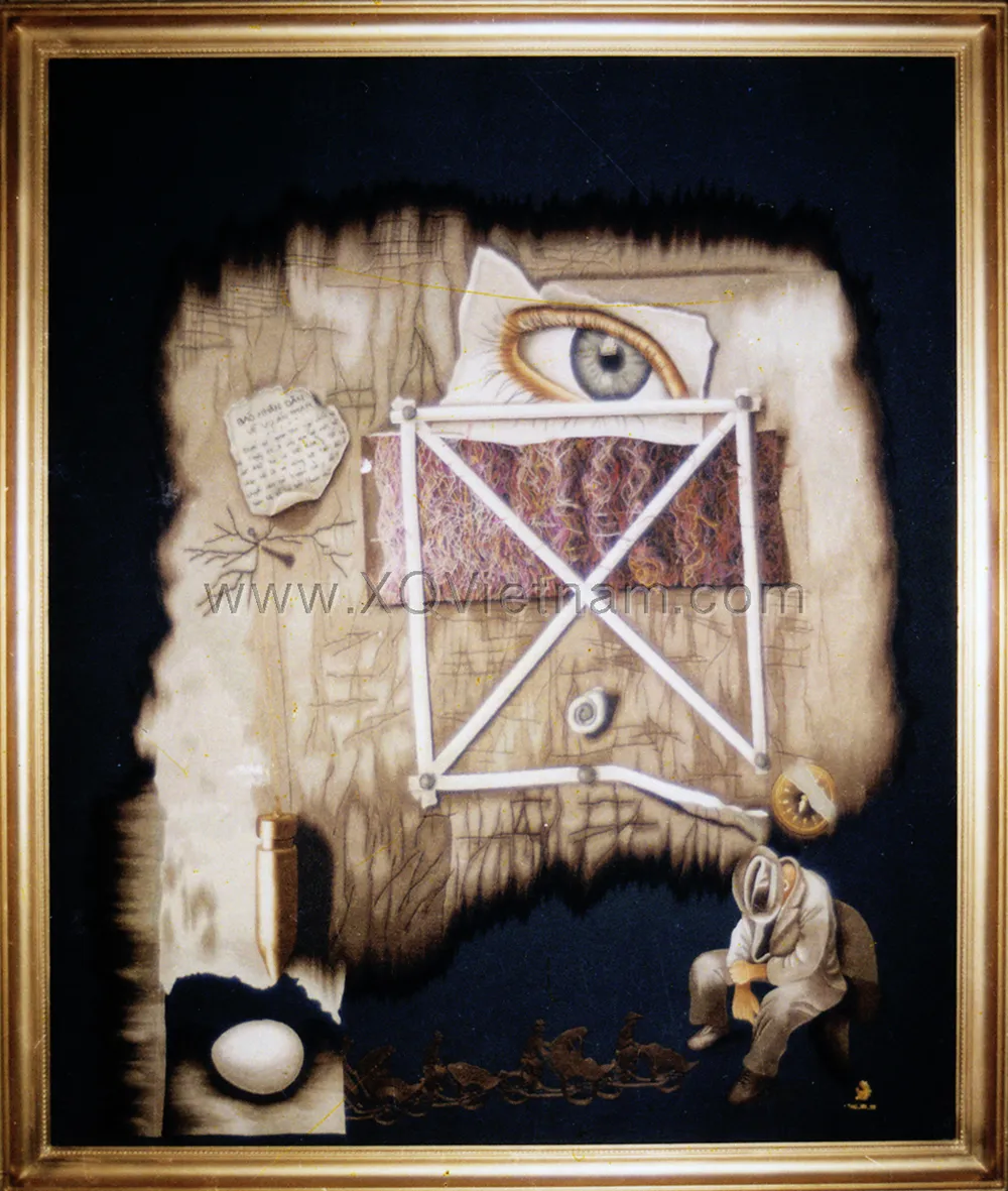 Surreal Eye and Figure | Hand-Embroidered Silk Art | 80x100 cm