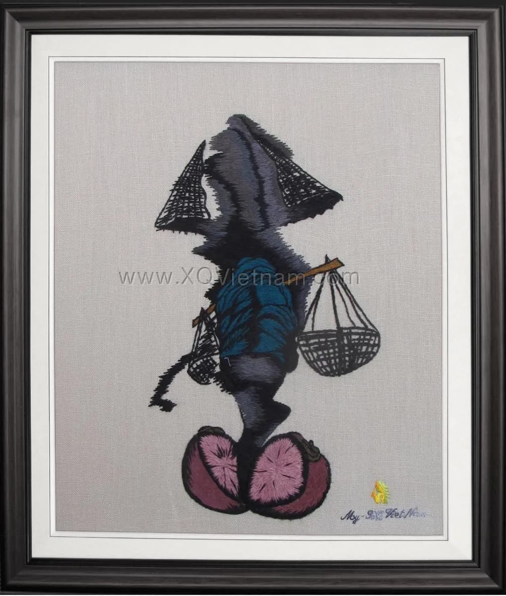 Abstract Figure with Baskets | Hand-Embroidered Silk Art | 35x40 cm
