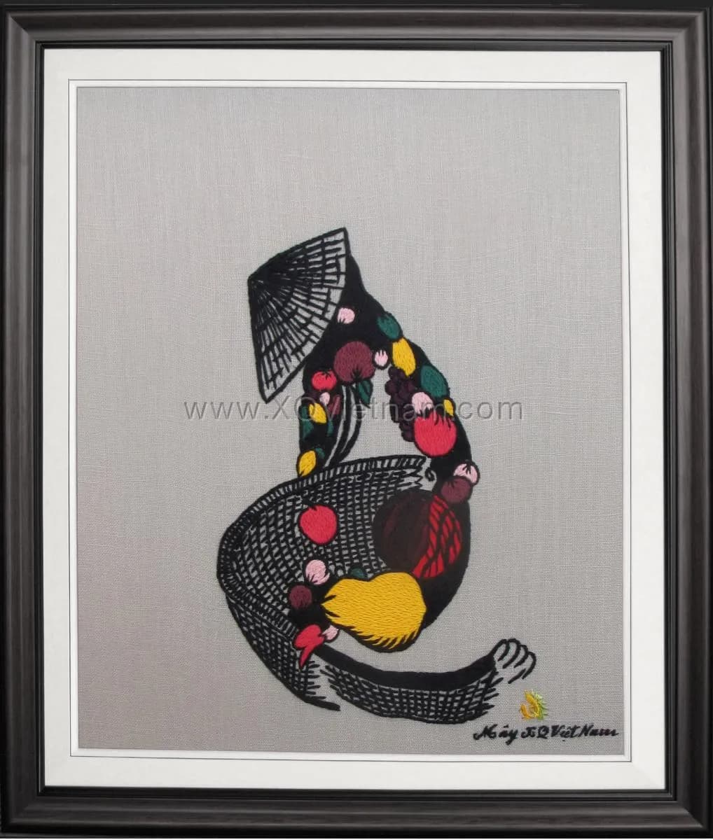 Vietnamese Fruit Vendor | Hand-Embroidered Silk Art | 35x40 cm