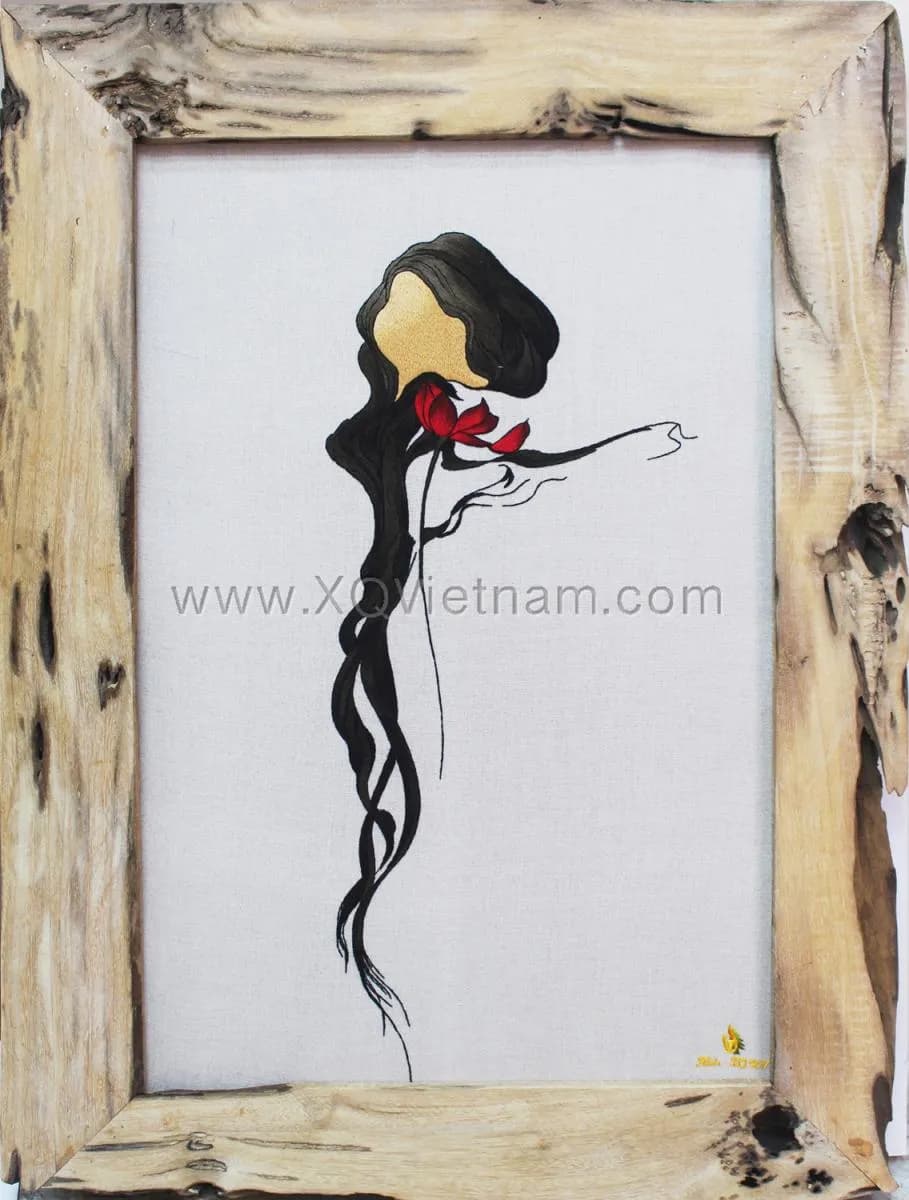 Abstract Woman With Red Flower | Hand-Embroidered Silk Art | 40x65 cm