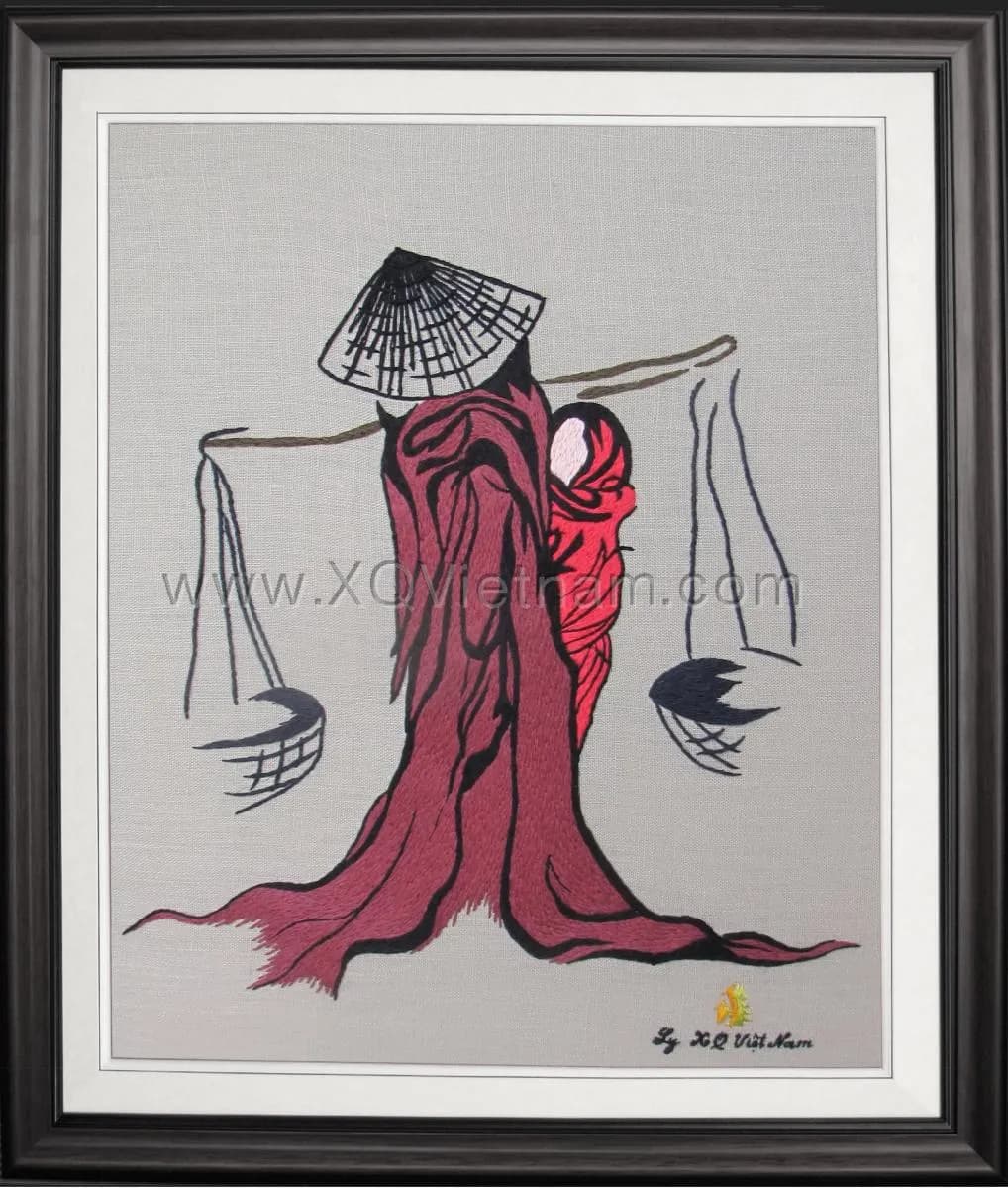 Vietnamese Figure With Baby and Balancing Pole | Hand-Embroidered Silk Art | 35x50 cm