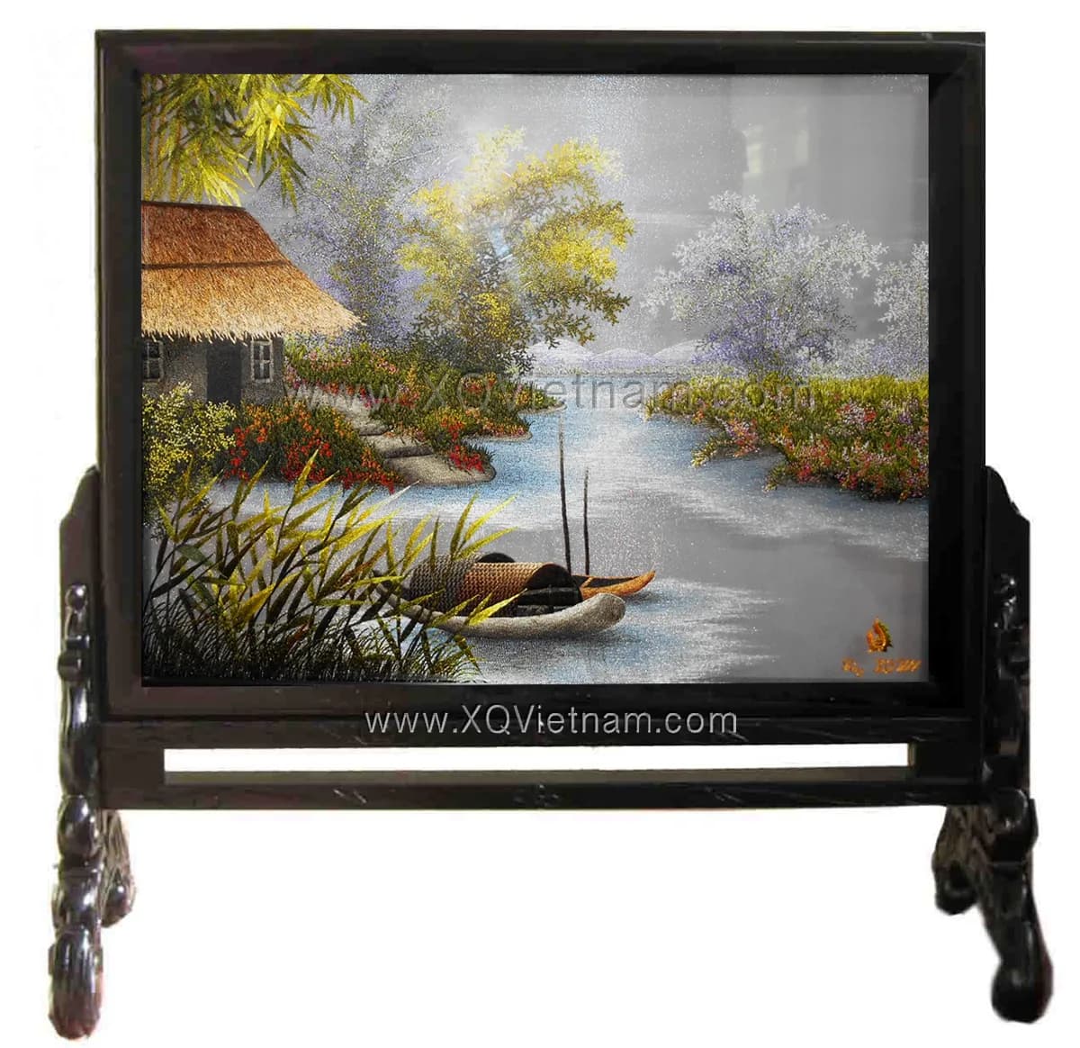 Riverside Homeland Serenity | Hand-Embroidered Silk Art | 30x40 cm