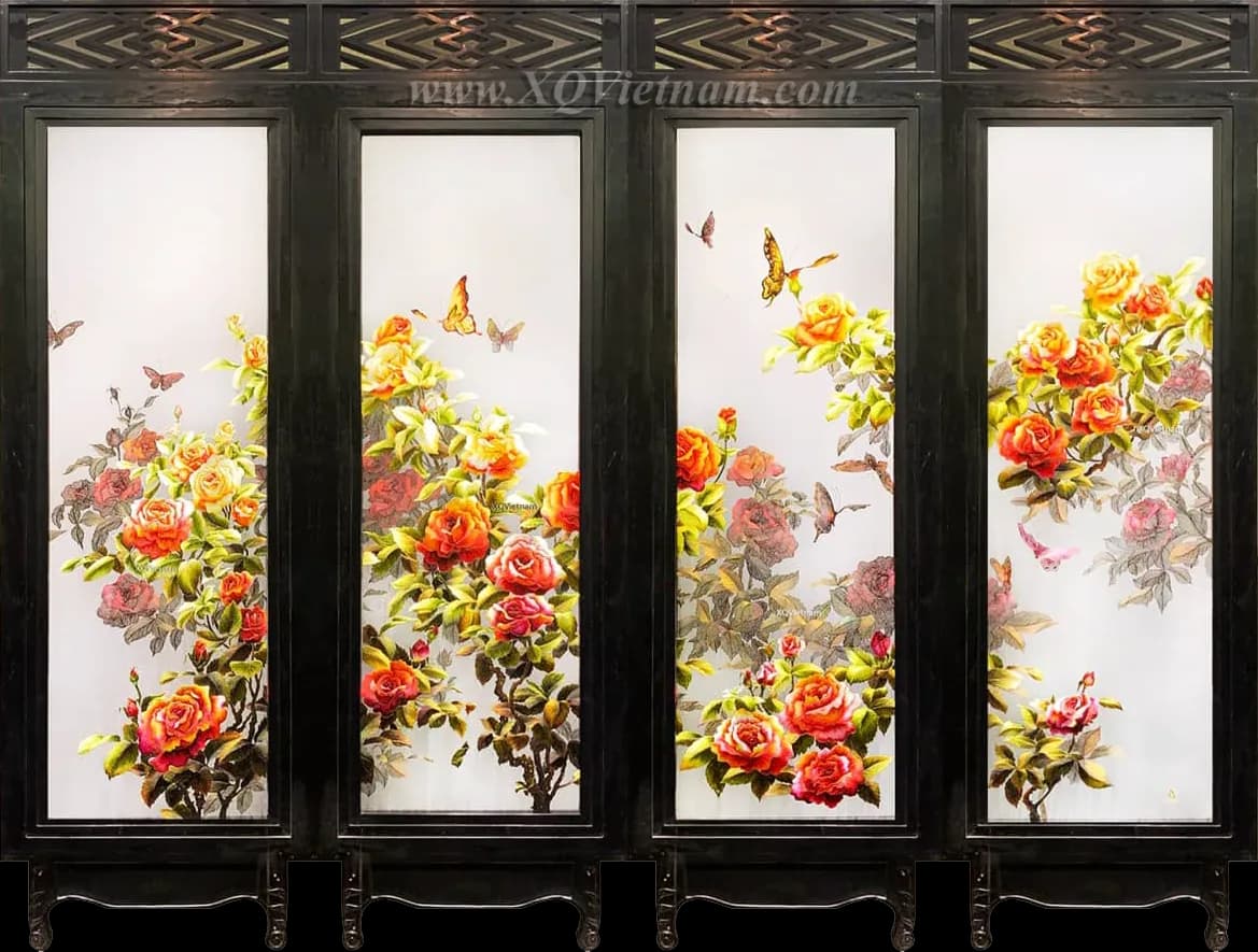 Roses by the Dawn | Hand-Embroidered Silk Art | 195x310 cm